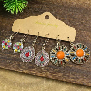 Retro Ethnic 3 Pair Set Earrings Multi-Colored Round Drop Flower Diamond Shaped